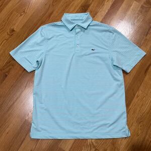 Vineyard Vines Performance Golf Polo Mens Medium SS White Aqua Stripe